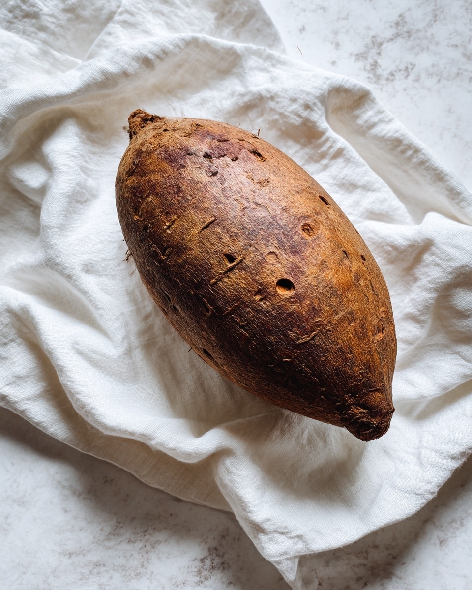 A whole roasted yam with dark brown, slightly wrinkled skin and small natural holes sits on a crumpled white cloth. The yam is oval-shaped and positioned diagonally on the cloth, which is placed on a white marbled surface in soft natural lighting. photo taken with an iphone --ar 4:5 --v 7