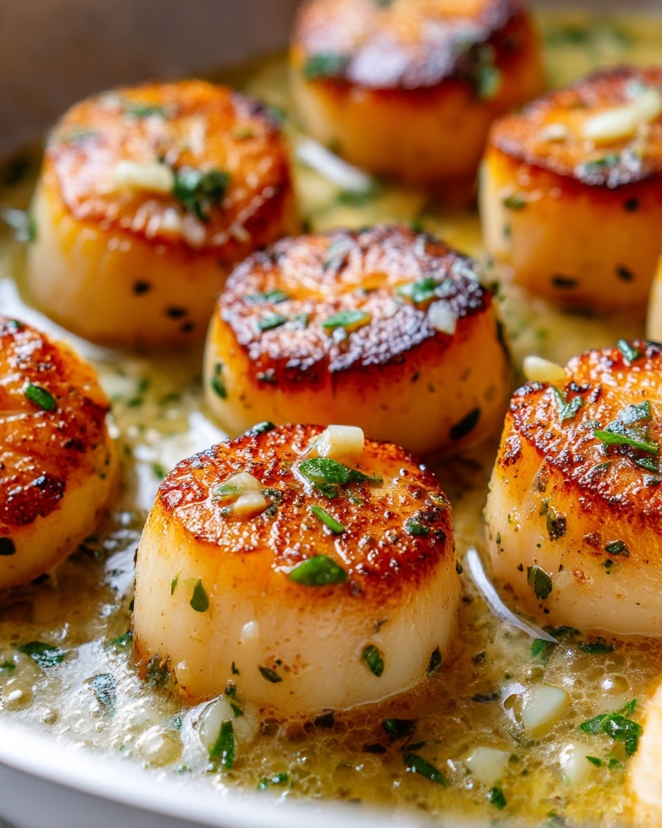 The image shows several golden brown scallops seared in a pan with a slight crust on top, each scallop round and thick with a lightly caramelized surface. There are small bits of green parsley scattered over the scallops, adding a fresh contrast to the warm tones. The scallops are cooked in a shallow pool of melted butter or oil, giving the scene a shiny, moist look. The pan’s texture shows some browning from cooking, with soft reflections of the light capturing the juicy, tender appearance of the scallops. photo taken with an iphone --ar 4:5 --v 7
