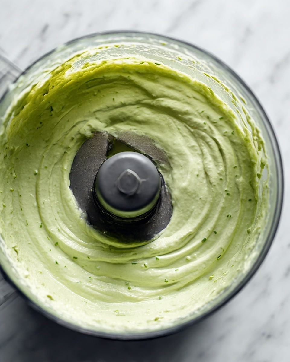 A close-up image of a food processor bowl filled with a smooth, light green sauce that has small green flecks throughout. The sauce has a thick, creamy texture with some swirled patterns on the surface. The inner walls of the transparent bowl are coated with a thin layer of the sauce. The center shows a dark gray food processor blade holder. The background surface is a white marbled texture. Photo taken with an iphone --ar 4:5 --v 7