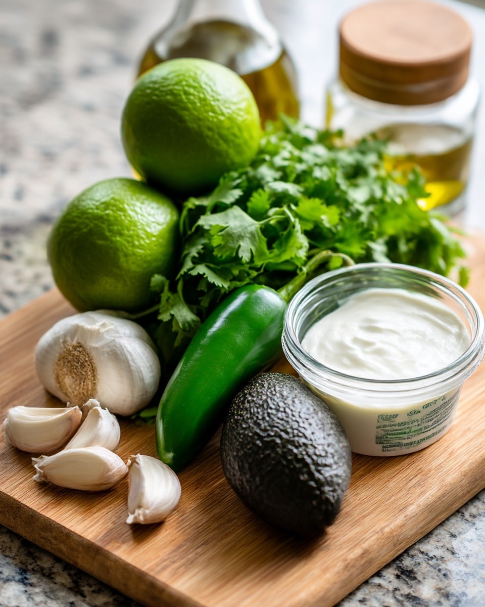 This image shows several ingredients placed on a wooden cutting board: two green limes at the top center, a small bunch of fresh green cilantro leaves below the limes, and a bright green jalapeño pepper to the right of the cilantro. Below the cilantro and jalapeño, there are three cloves of garlic arranged in a line near the bottom left corner. Next to the garlic, a whole dark green avocado lies at the bottom left edge. At the bottom center-right, there is a closed container of Chobani Greek yogurt with a white lid. To the right of the yogurt, a small clear glass bowl with a small amount of liquid is visible. In the background, behind the cutting board, a glass bottle of olive oil and a small container with a wooden lid sit on a granite surface, which should be changed to a white marbled texture. Photo taken with an iphone --ar 4:5 --v 7
