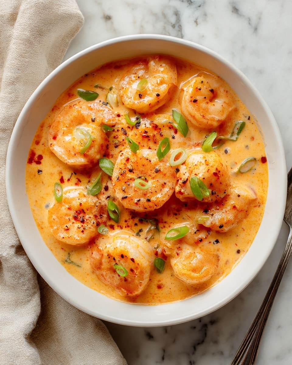 A white bowl filled with creamy light orange sauce covering several medium-sized shrimp that have a soft pink color with a slightly textured surface. The shrimp are scattered in the sauce, some partially submerged, and topped with small green onion slices and black pepper flakes. The bowl sits on a white marbled surface with a beige cloth partially visible on the left side and a silver spoon on the right. The overall look is warm and inviting with a smooth, rich sauce and fresh garnish. photo taken with an iphone --ar 4:5 --v 7
