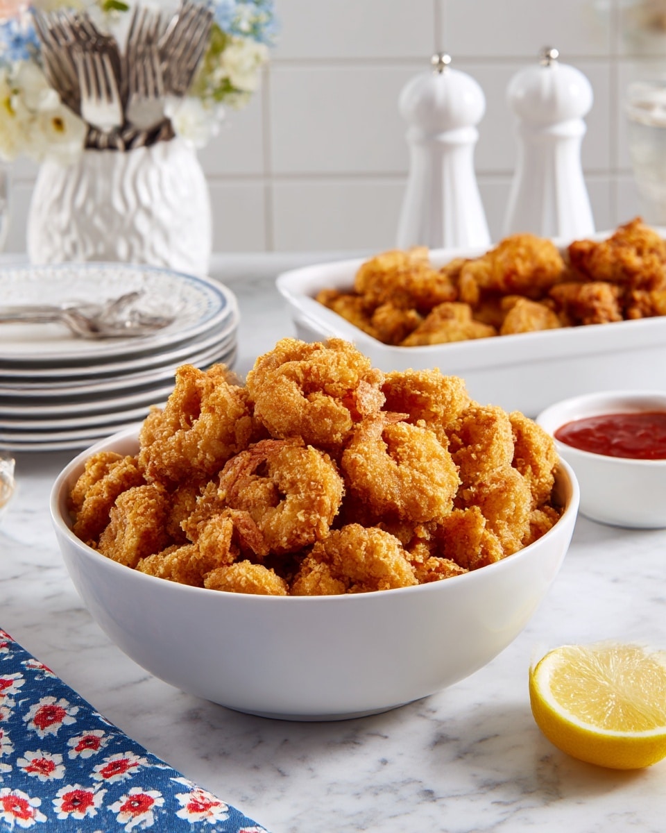 A white basket holds a pile of golden fried shrimp stacked in the center, each shrimp showing a crispy, crunchy orange-brown texture with tails curling upward. Lemon wedges with bright yellow skin and juicy pale yellow flesh sit near the back right corner inside the basket. To the right in the basket, there are golden fried hush puppies with a rough, crumbly surface. The basket is lined with white paper, and the background shows a white marbled surface with another bowl of fried shrimp blurred in the back. Photo taken with an iphone --ar 4:5 --v 7