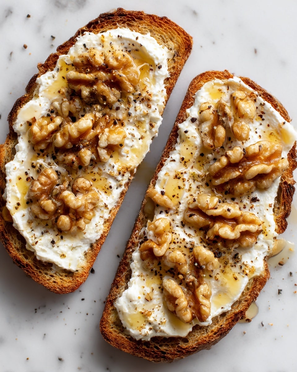 Two slices of brown toasted bread are shown on a white marbled surface. Each slice is covered with a thick layer of creamy white ricotta cheese spread evenly. On top of the cheese, there are whole walnut pieces scattered, giving a rough and crunchy texture. The dish is finished with a drizzle of honey that glistens softly over the walnuts and cheese. Light black pepper flakes are sprinkled lightly on the cheese, adding small dark specks to the top layer. The photo taken with an iphone --ar 4:5 --v 7