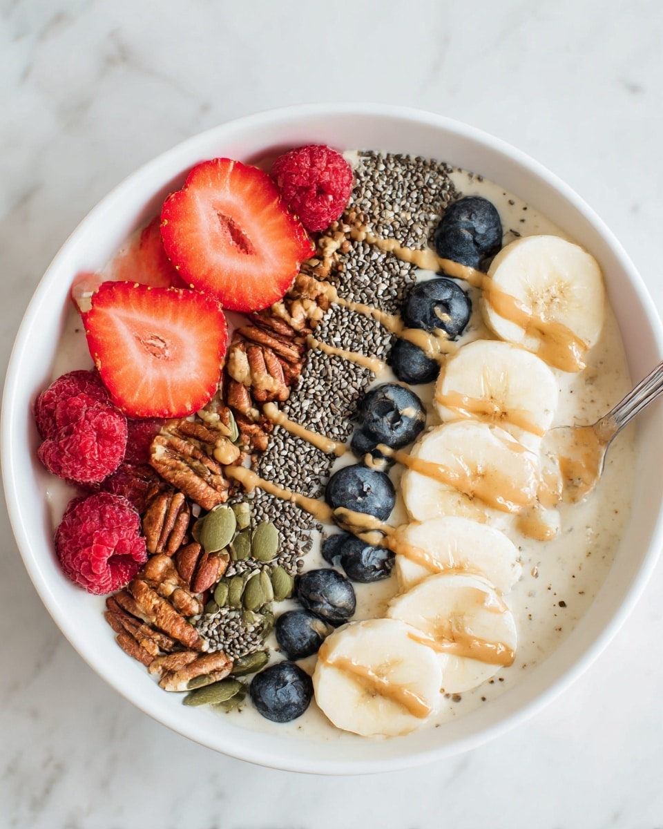 A white bowl on a white marbled surface contains a creamy yogurt base. On top, there are five neat rows of toppings starting from the left: sliced red strawberries, whole red raspberries, round banana slices, plump blueberries, and a strip of small black chia seeds. Another layer adds a mix of pecans and pumpkin seeds on the left, followed by a drizzle of light brown peanut butter over the top. The last image shows a woman's hand with a spoon scooping into the bowl, mixing the colorful fruit, seeds, and peanut butter into the creamy yogurt. photo taken with an iphone --ar 4:5 --v 7