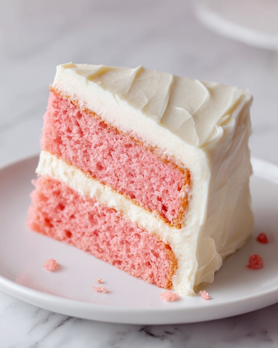 The image shows a close-up of a single slice of pink cake with two layers: a soft, moist pink sponge layer at the bottom and a thick, smooth white frosting layer on top. The frosting has a creamy texture with visible smooth strokes in the background and covers the top completely while slightly dripping over the edges. The slice is placed on a white plate that rests on a white marbled surface, and some small crumbs can be seen on the plate near the slice. Photo taken with an iphone --ar 4:5 --v 7