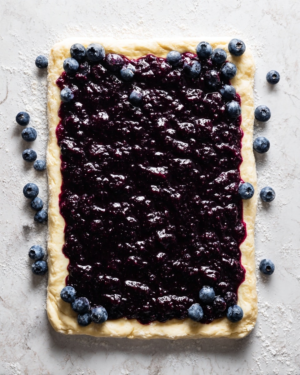 A rectangular dough base with rounded corners is laid flat on a white marbled surface dusted with flour. The dough is topped with one thick layer of dark purple blueberry jam, which has a chunky and glossy texture spread unevenly across the surface, leaving a narrow border of exposed dough around the edges. Scattered fresh blueberries surround the dough on the marbled background. Photo taken with an iphone --ar 4:5 --v 7