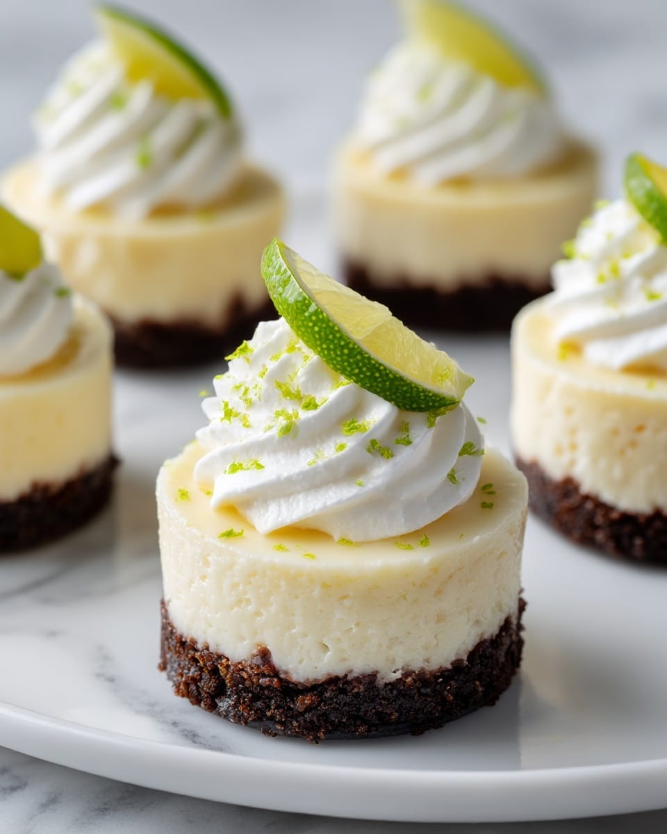 The image shows four small round desserts on a white plate set on a white marbled surface. Each dessert has three visible layers: a bottom dark crumbly crust, a smooth light yellow creamy middle layer, and a top swirl of white whipped cream with tiny green zest sprinkled on it. Each dessert is garnished with a thin wedge of bright green lime placed upright on the whipped cream. The focus is on the front dessert, making the others softly blurred in the background. Photo taken with an iphone --ar 4:5 --v 7