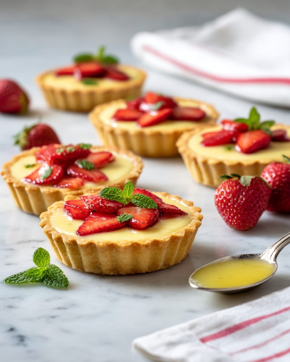 Four small round tartlets sit on a white marbled surface, each with a golden, flaky crust forming the first layer, filled with a smooth, pale yellow custard as the second layer. The top layer features red strawberry slices spread evenly inside the custard, with small green mint leaves scattered on top for color contrast. Fresh whole strawberries and mint leaves are arranged around the tartlets, adding a fresh and vibrant touch. A small silver spoon with a yellow sauce sits near the bottom right, with a white cloth that has red stripes visible at the top and right edges. The photo was taken with an iphone --ar 4:5 --v 7