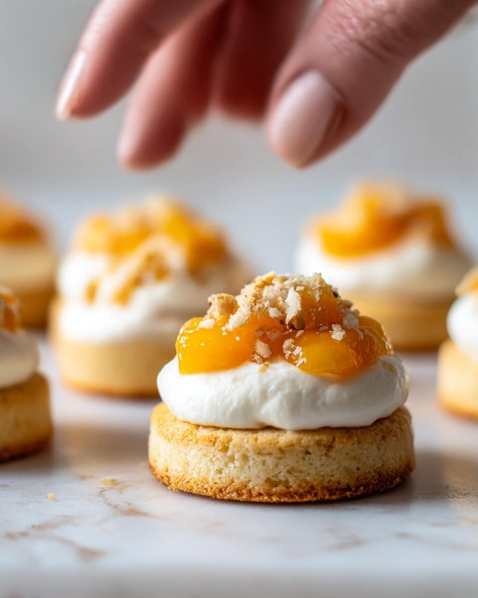 The image shows a close-up of small round cookies with a light golden-brown color, each topped with a thick, smooth layer of white cream that looks soft and creamy. On top of the cream, there is a layer of small orange fruit pieces, likely peach or apricot, that look juicy and shiny. The fruit pieces are slightly chunky with a syrupy texture. The top layer consists of small pieces of crushed nuts that add a rough texture and a light brown color. The cookies are placed on a white marbled surface with soft natural light shining on them, and a woman's hand reaching toward the upper left cookie. Photo taken with an iphone --ar 4:5 --v 7