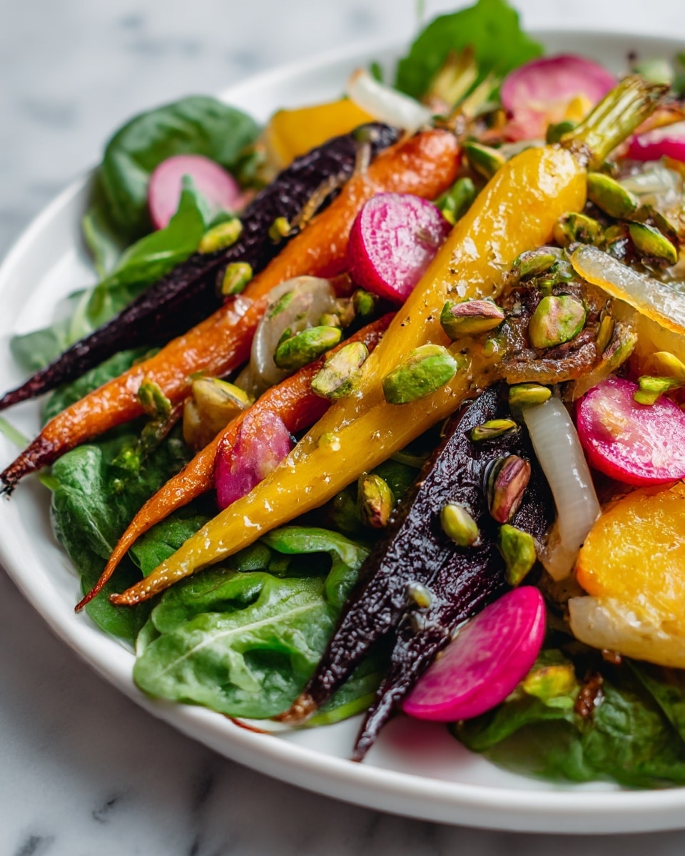 A close-up view of a colorful salad served on a white plate, placed on a white marbled surface. The salad has multiple layers, starting with dark green leafy arugula and spinach at the base. On top are various roasted vegetables like golden and purple carrots, yellow and orange beet slices, and small pink radishes, all showing a slight char with crispy edges. There are also white roasted root vegetables mixed throughout. Chopped green pistachio nuts are sprinkled all over, adding texture. The salad is lightly dressed with a glossy vinaigrette that gives the vegetables a shiny look, and some toasted thin onion slices are mixed in. Photo taken with an iphone --ar 4:5 --v 7