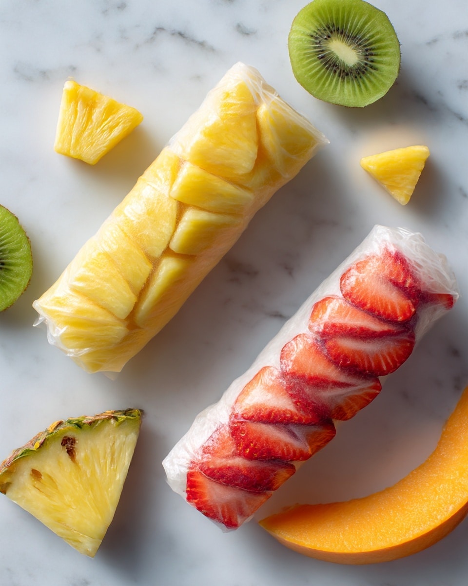 The image shows two translucent fresh spring rolls placed on a white marbled surface, each wrapped in thin rice paper revealing bright fruit fillings inside. One spring roll is filled with yellow pineapple chunks, layered neatly from one end to the other. The other roll contains vibrant red strawberry slices arranged in overlapping rows. Surrounding the spring rolls are loose pieces of fruit including a single yellow pineapple chunk, a small slice of green kiwi partially wrapped in rice paper, and a thin crescent-shaped orange melon slice. The scene is bright and clean with the fruits’ colors contrasting against the soft white background, photo taken with an iphone --ar 4:5 --v 7