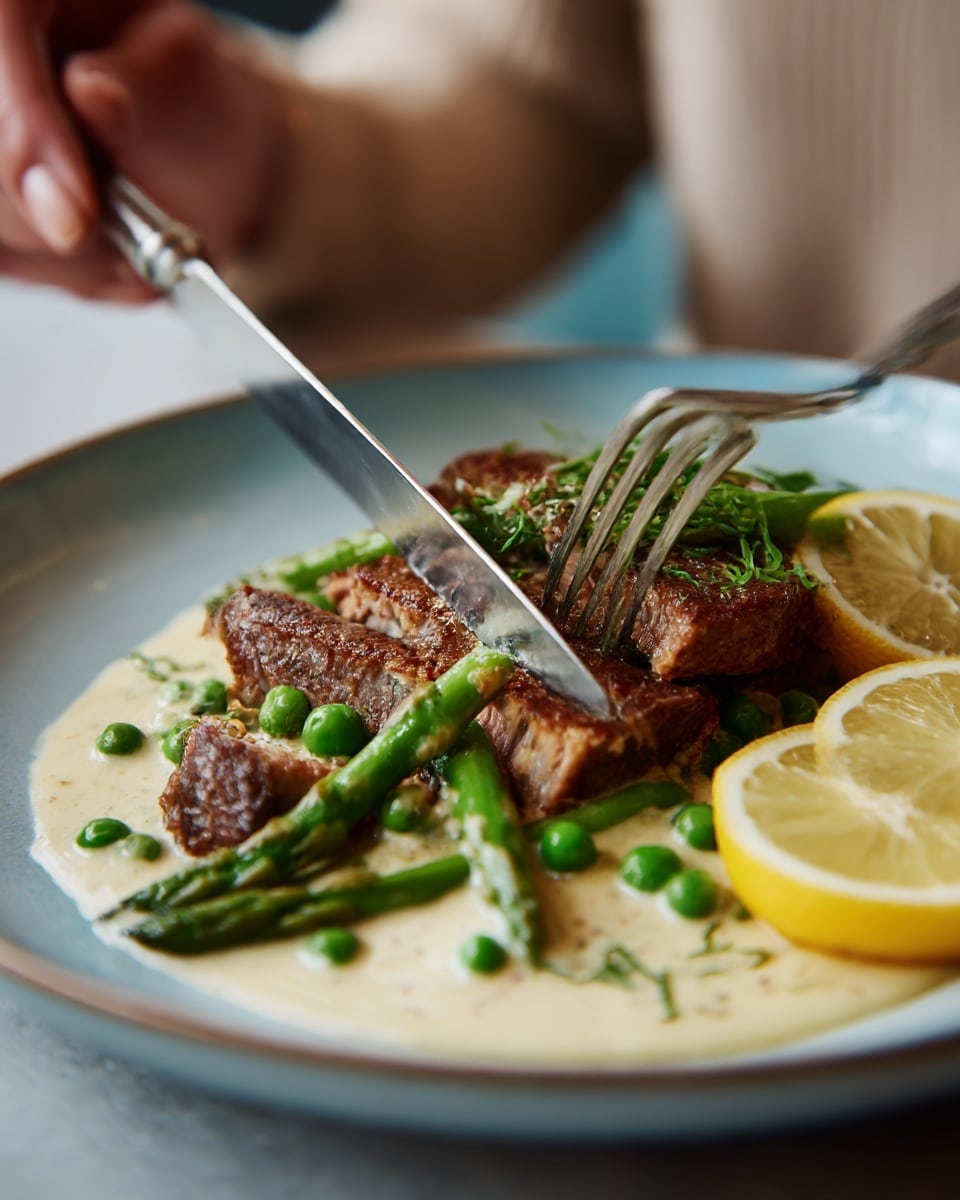 A white plate with a light blue rim holds a dish with three main layers: the base is covered with a creamy light beige sauce thick with texture, resting on top are several browned pieces of cooked meat with a slightly crispy surface, scattered green peas and green asparagus spears lie across the meat, adding a fresh and vibrant touch. In the top right corner of the plate, there are two thin lemon slices showing bright yellow and white layers, and a woman’s hand is using a knife and fork to slice the meat, with the knife partially inside the creamy sauce. Photo taken with an iphone --ar 4:5 --v 7