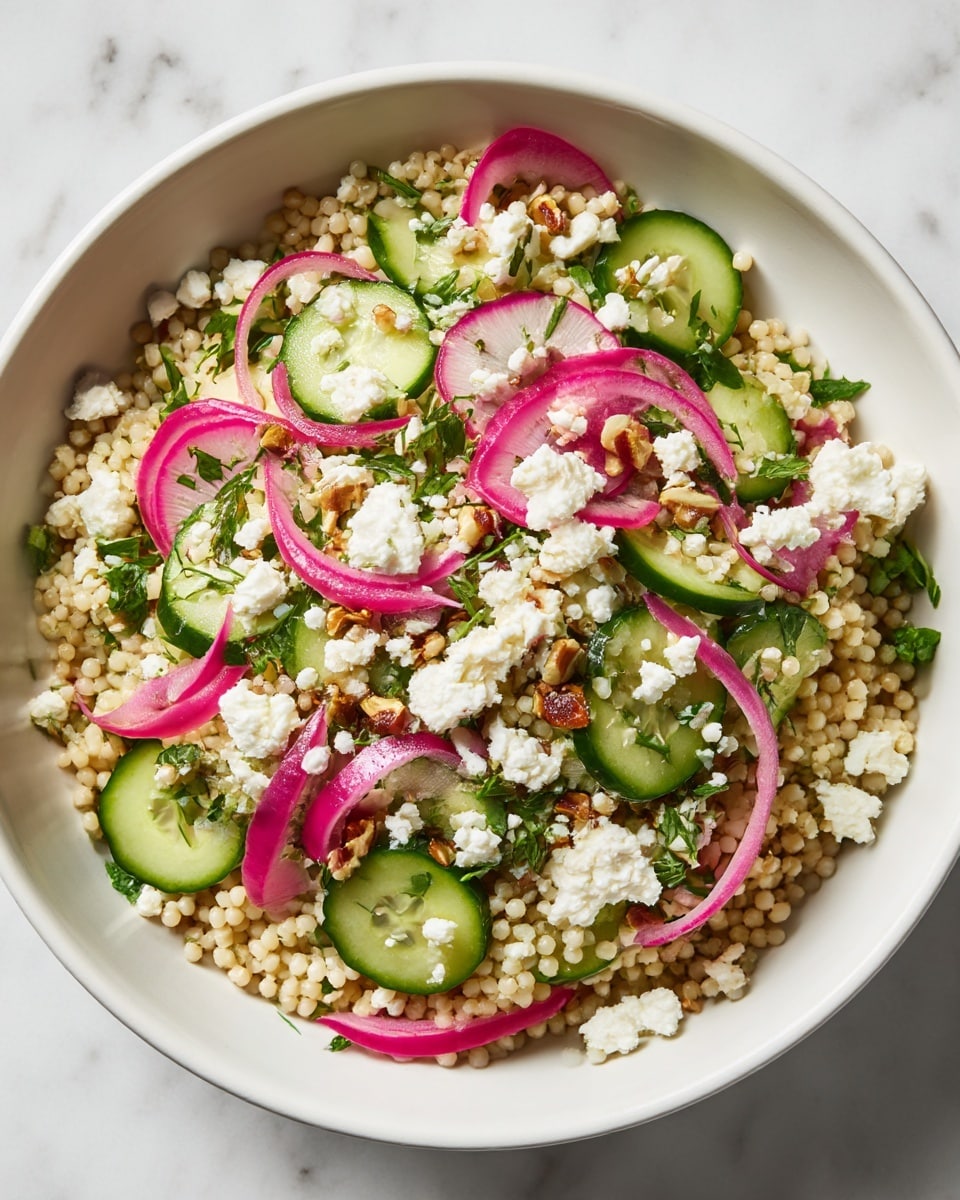 A white bowl filled with a colorful salad on a white marbled surface. The salad has small round grains that look soft and light beige in color, spread evenly as the base layer. Thin slices of green cucumber are scattered on top, mixed with chopped green herbs that add a fresh touch. Bright pink pickled onion slices are placed lightly over the salad, adding a contrasting color. White crumbled cheese is sprinkled generously across the surface in small fluffy clusters. Small brown nuts or seeds are scattered on top for texture. The overall dish looks fresh, textured, and colorful. photo taken with an iphone --ar 4:5 --v 7