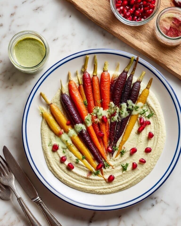 Whole Roasted Rainbow Carrots Over Creamy Hummus with Green Tahini Sauce Recipe