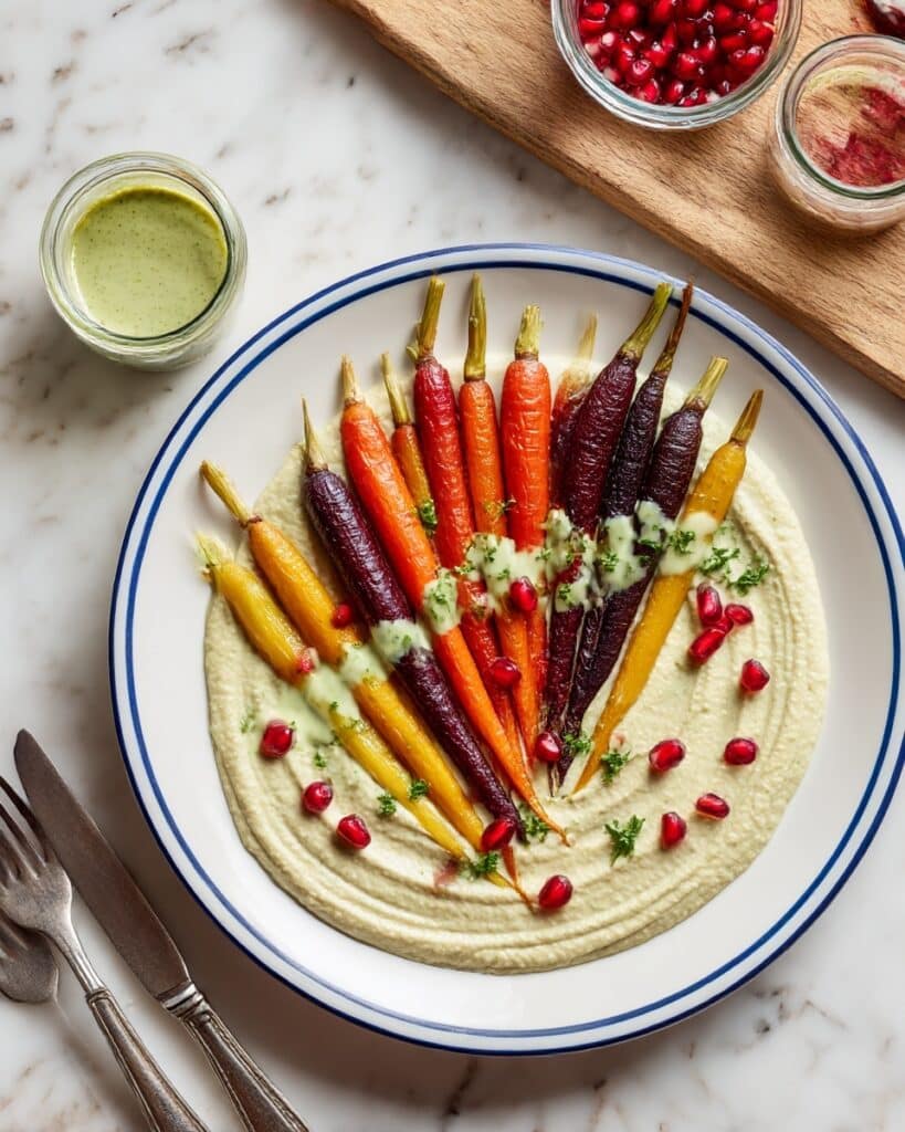 Whole Roasted Rainbow Carrots Over Creamy Hummus with Green Tahini Sauce Recipe