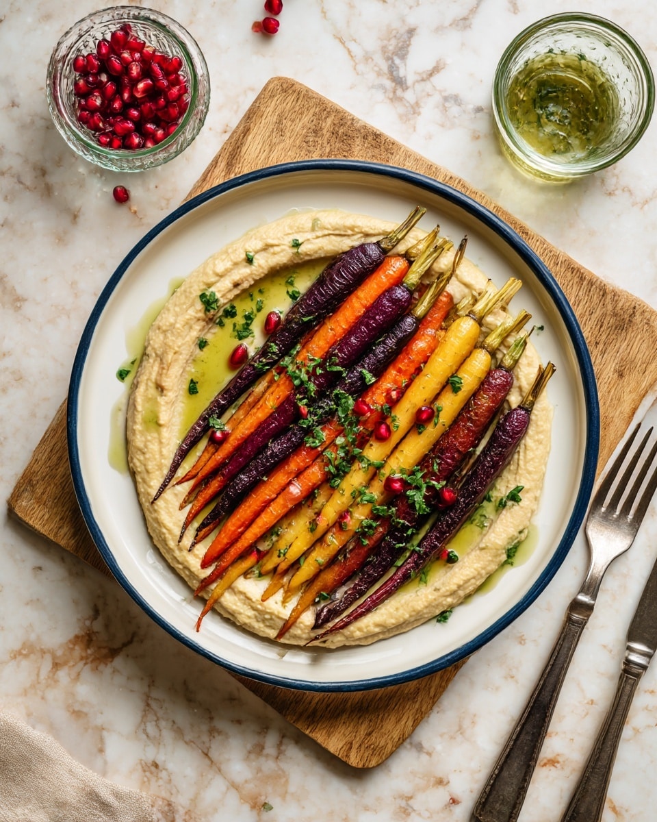 A white plate with a dark blue rim holds a dish starting with a thick layer of creamy beige hummus spread in a wide circle. On top, there are two rows of colorful roasted carrots in purple, orange, yellow, and red, laid side by side with their tops facing outward, each carrot showing a slightly shiny, roasted texture. A light green sauce is drizzled over the carrots, and small red pomegranate seeds are scattered along with chopped green herbs for garnish. Around the plate on a white marbled surface, there is a small glass bowl of pomegranate seeds and a small glass container with more green sauce. A wooden board holds a silver fork and knife on the side. Photo taken with an iphone --ar 4:5 --v 7