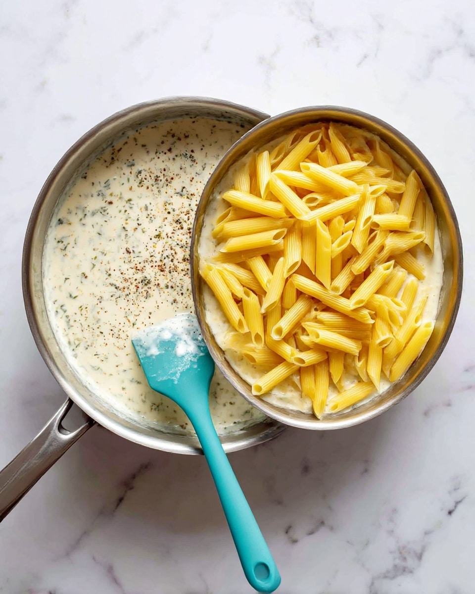 The image shows a stainless steel pan with two stages of making pasta with sauce. On the left side is a pan filled with a creamy white sauce, speckled with black pepper and herbs, stirred by a turquoise spatula. On the right side, the same pan now contains the white sauce with yellow cooked penne pasta added on top. The pasta lies loosely on the sauce, showing the contrast between the bright yellow pasta and the pale creamy sauce below. Both pans are on a white marbled surface. photo taken with an iphone --ar 4:5 --v 7