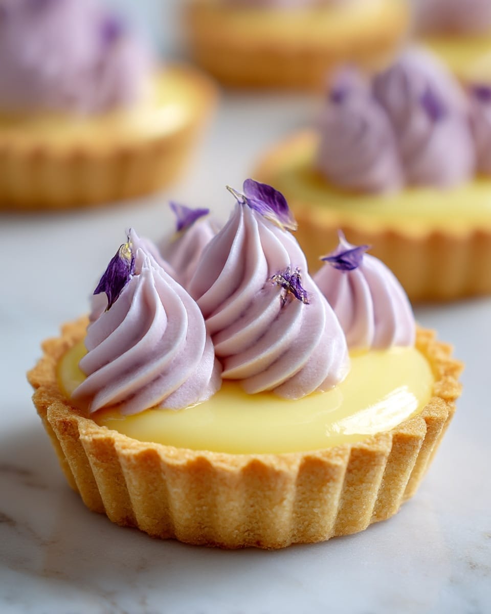 The image shows a small tart with three layers. The bottom layer is a light golden brown, crumbly crust shaped with a scalloped edge, holding the tart together. The middle layer is a smooth, shiny light yellow filling that sits evenly inside the crust. The top layer features soft, pale purple swirls of cream, arranged in four neat peaks. Each cream peak is decorated with a small, delicate purple flower petal, adding a fresh and natural look. The tart is placed on a white marbled surface with other similar tarts blurred in the background. photo taken with an iphone --ar 4:5 --v 7
