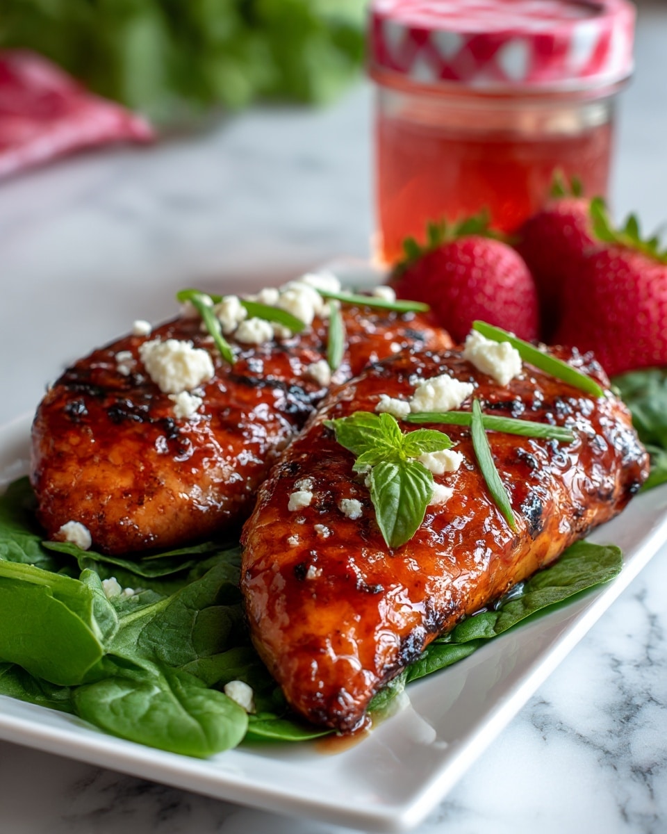 Two grilled chicken pieces with a shiny reddish-brown sauce are placed side by side on a bed of green leafy spinach leaves on a white rectangular plate. The chicken is topped with small white cheese crumbles and thin strips of fresh green basil, with a couple of whole red strawberries near the back. The surface beneath the plate has a white marbled texture, and a glass jar with a red checkered lid is blurred in the background. Photo taken with an iphone --ar 4:5 --v 7