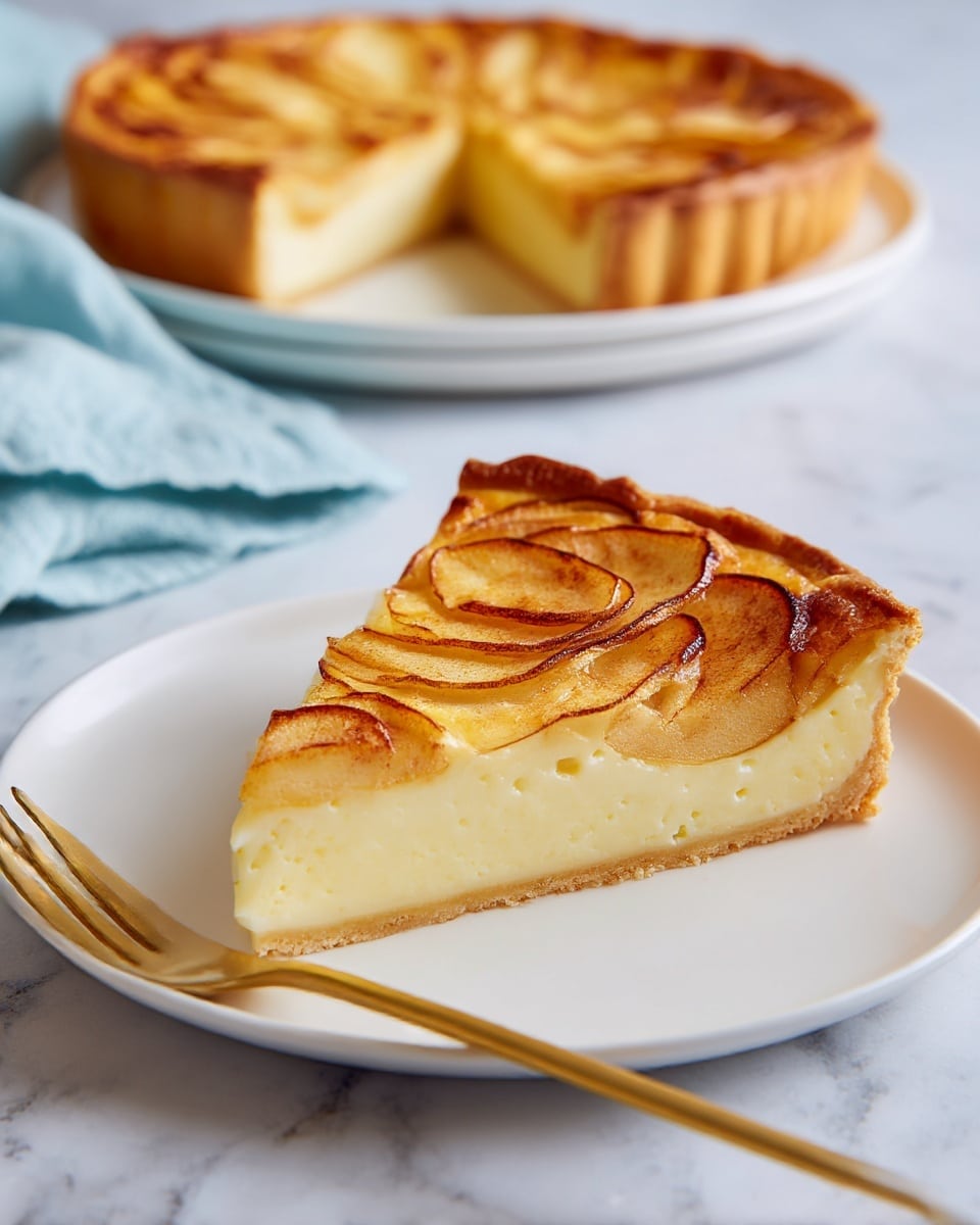 A slice of baked custard apple tart is placed on a white plate. The tart has two main visible layers: a thick, smooth, pale yellow custard base at the bottom and a top layer of thinly sliced apples, browned and slightly caramelized with curled edges forming an attractive pattern. The tart slice shows a firm and creamy texture with gentle browning on the top, especially around the apple edges. Next to the tart slice is a gold fork. In the background, a white plate holds the rest of the tart on a white marbled surface, alongside a light blue cloth napkin partly visible. The lighting is soft, highlighting the warm tones of the tart. photo taken with an iphone --ar 4:5 --v 7