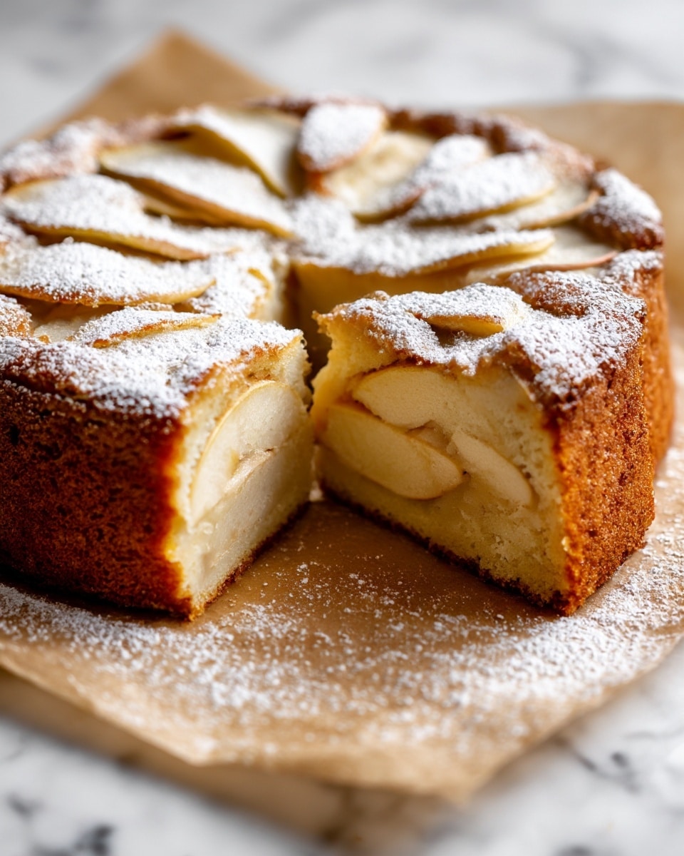A round apple cake with one slice slightly pulled out showing the inside layers, which include soft, light beige cake surrounding thin, pale yellow apple slices layered within. The outside crust is golden brown with a slightly rough texture and is dusted with white powdered sugar. The cake sits on a piece of brown parchment paper on a white marbled surface, with some powdered sugar scattered around. The photo focuses closely on the cake slice with a blurred background, capturing the warm and soft appearance. photo taken with an iphone --ar 4:5 --v 7