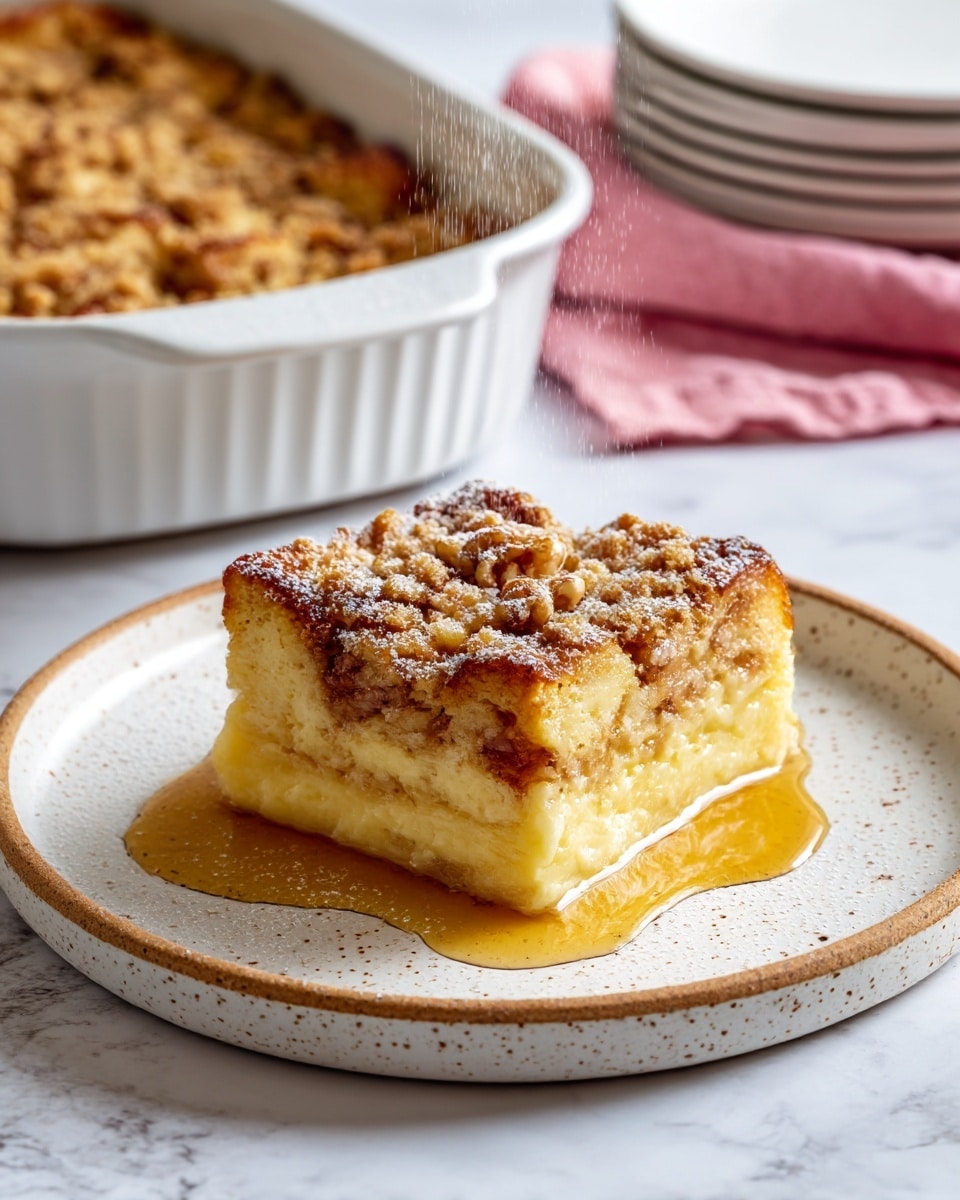 A thick square piece of golden baked bread pudding sits in the center of a white plate with brown speckles, layered with a crispy, crumbly top that is dusted generously with white powdered sugar. The top layer has uneven, textured chunks with darker toasted brown spots, while the middle and bottom layers are soft and moist with a creamy beige color. Around the base of the pudding, a pool of syrup adds a glossy, caramel-brown layer. The background shows a white baking dish with more of the same bread pudding inside, and a wooden plate with a white folded napkin and a fork rests on the side, all set on a white marbled surface. Powdered sugar is being sprinkled from above, captured mid-fall. photo taken with an iphone --ar 4:5 --v 7