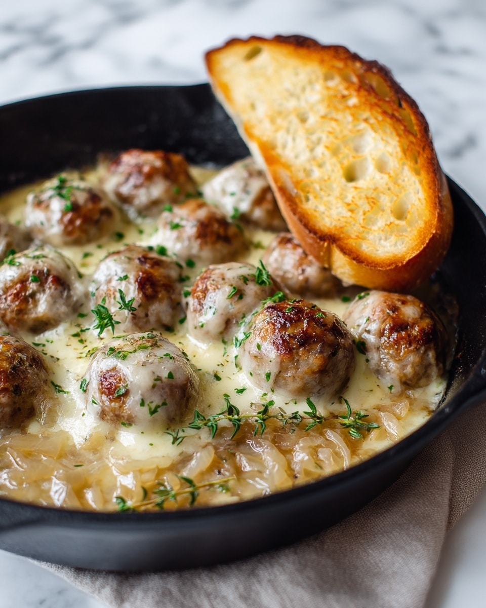 The image shows a close-up of round meatballs covered with melted white cheese, sitting on a bed of soft, cooked light brown onions with a glossy texture in a black skillet. The cheese looks stretchy and slightly browned in spots. Fresh green thyme sprigs are scattered on and around the meatballs. A piece of toasted golden-brown bread is placed upright close to the meatballs on the right side. The skillet rests on a light brown cloth, all set on a white marbled surface. photo taken with an iphone --ar 4:5 --v 7