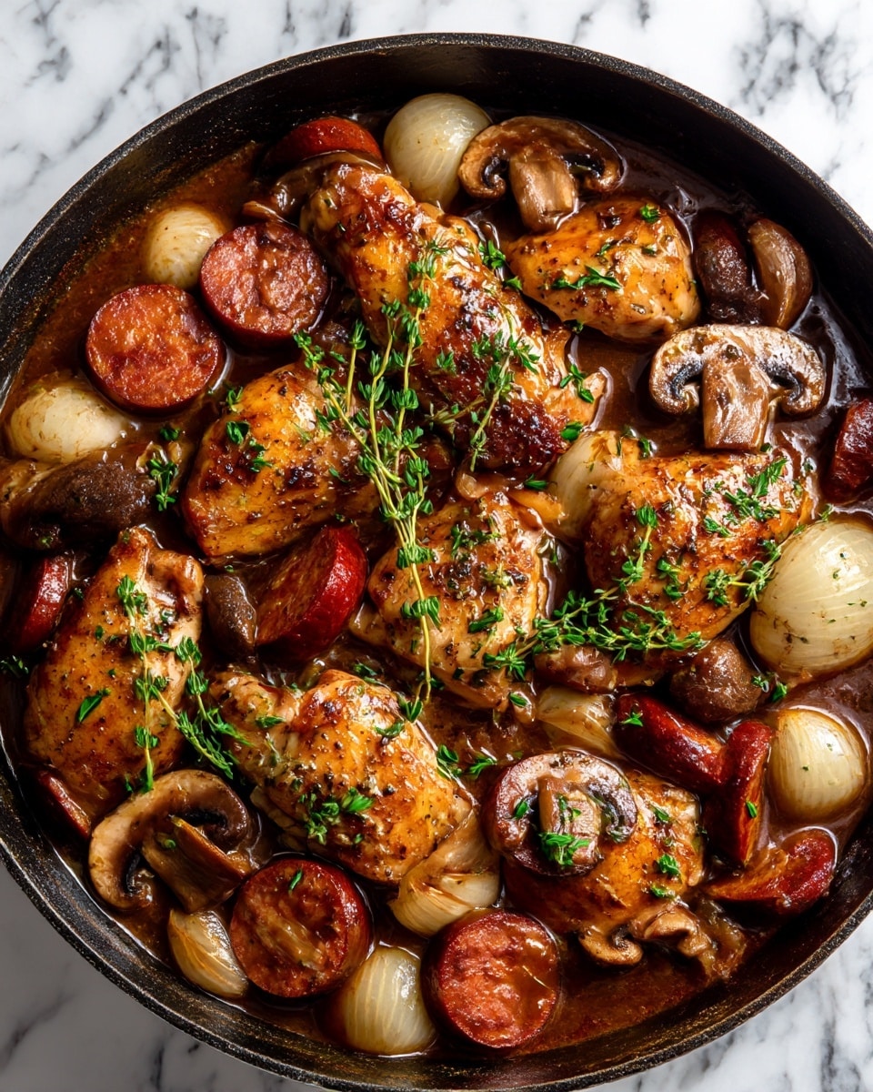 A rustic black pan filled with a rich brown stew, showing multiple pieces of browned cooked chicken layered evenly. Nestled around the chicken are round white onions and deep red sausage slices, along with dark brown mushrooms that have a smooth texture. The dish is topped with bright green fresh thyme sprigs scattered across the surface, adding a pop of color. The stew’s glossy sauce glistens over all the ingredients, giving a thick and hearty look. The pan sits on a white marbled surface. photo taken with an iphone --ar 4:5 --v 7