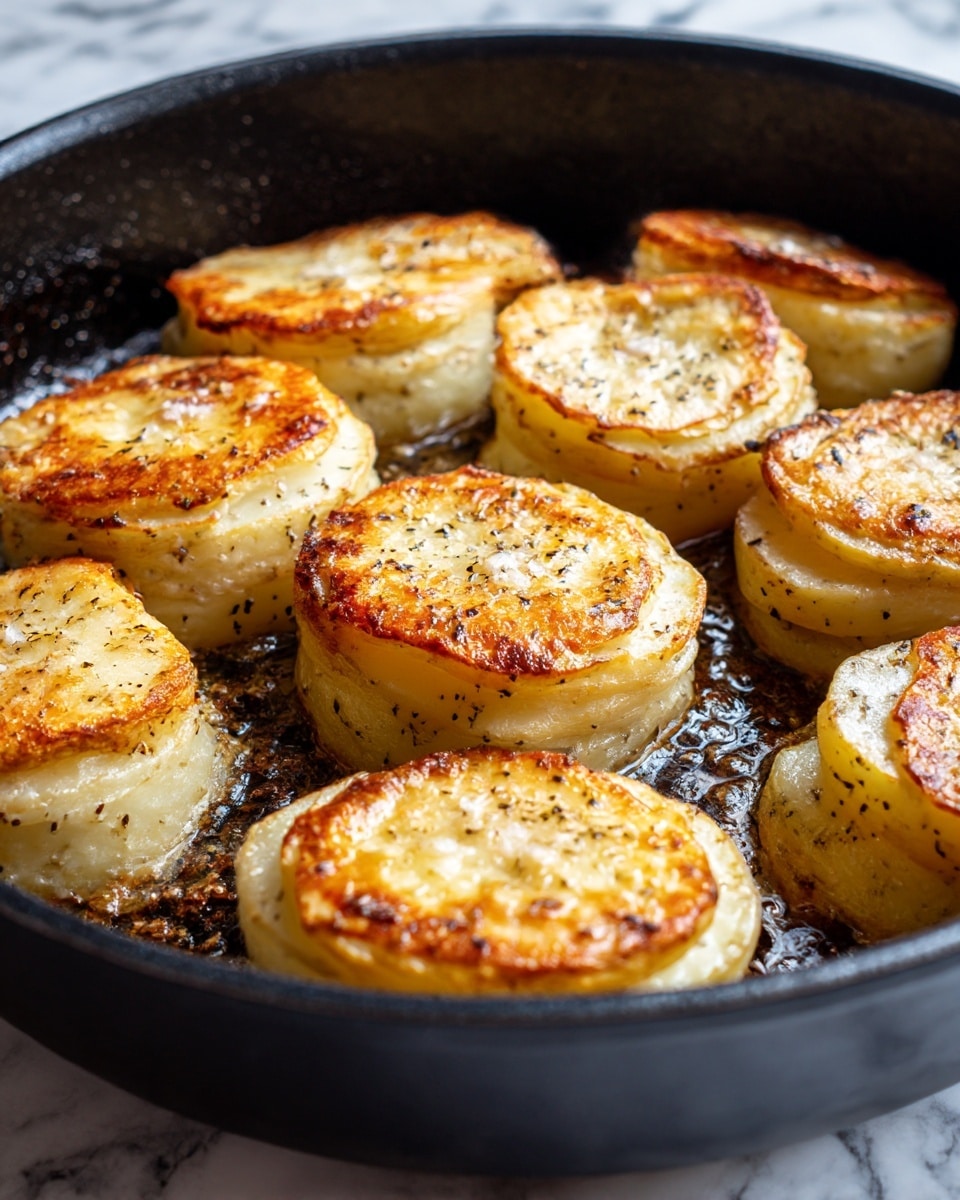 The dish shows several thick white potato pieces standing upright in a large black pan, each piece around three layers thick with the top layer golden brown and slightly crispy, while the sides are soft white with some black pepper spots. The potatoes are spaced evenly, and small salt crystals are visible on the browned tops. The black pan has a shiny oily texture spotted with small bits of pepper and salt. The background is a white marbled texture. photo taken with an iphone --ar 4:5 --v 7