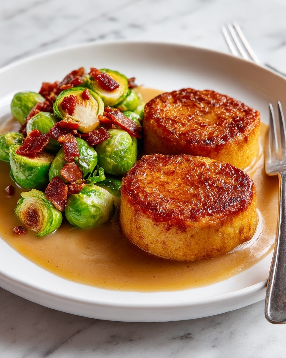The dish shows two thick, round, golden-brown pieces, each with a crispy textured top and smooth sides, placed on the right side of a white plate. To the left of these pieces, there is a small pile of bright green Brussels sprouts mixed with crispy, reddish-brown bacon bits that add texture and color contrast. Behind the round pieces, a beige brown gravy runs slightly across the plate, partially covering some of the elements. The white plate is on a white marbled surface. A silver fork is visible on the right edge of the plate. photo taken with an iphone --ar 4:5 --v 7