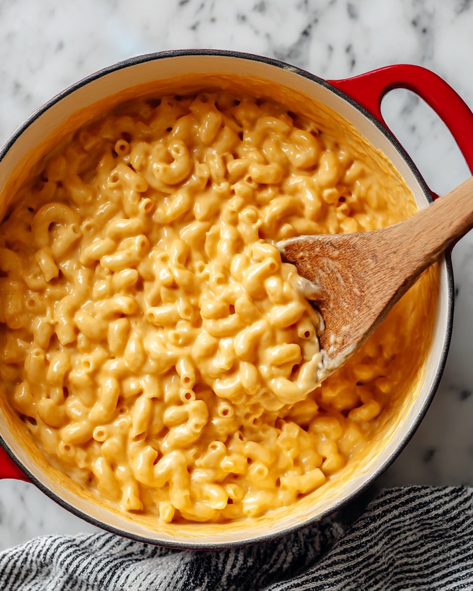 A close-up of creamy macaroni and cheese in a white pot with a red handle, showing one layer of small elbow pasta coated in smooth, thick, orange cheese sauce with a slightly glossy texture. A wooden spoon with a visible grain texture is partially lifted from the mac and cheese, positioned on the right side of the pot. The background is a white marbled surface with subtle gray veins. A black and white striped cloth is partly visible beneath the pot. Photo taken with an iphone --ar 4:5 --v 7
