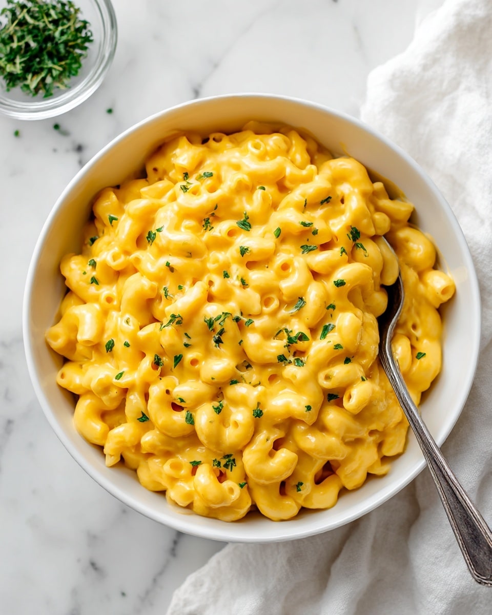 A white bowl filled with a thick layer of creamy, bright orange macaroni and cheese, showing elbow-shaped pasta coated evenly with the smooth, cheesy sauce. Small green chive pieces are sprinkled over the top, adding a touch of color contrast. A silver spoon rests inside the bowl, partially buried in the pasta, with its handle extending out. The bowl is on a white marbled surface with a white textured cloth nearby, and part of a small glass bowl with chopped chives is visible in the top left corner. photo taken with an iphone --ar 4:5 --v 7