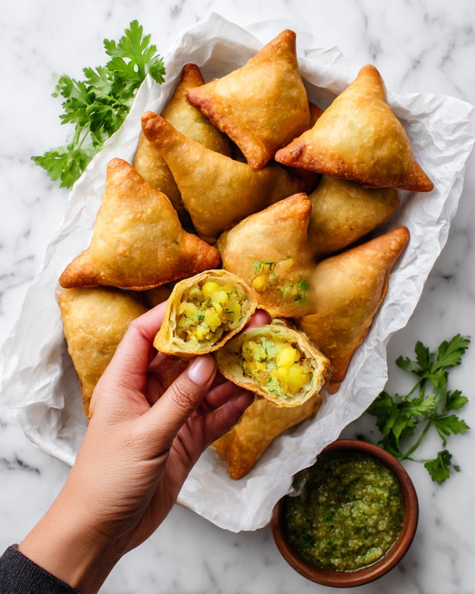 The image shows a white rectangular tray lined with white parchment paper holding around ten golden brown fried triangular samosas arranged closely. To the bottom right of the tray, there is a small round brown bowl filled with green chutney that has a textured look. A woman's hand is holding one samosa broken in half, revealing a yellow potato filling with bits of green herbs inside. Fresh green parsley leaves are placed next to the bowl on the tray, adding a bright touch. The background is a white marbled surface. photo taken with an iphone --ar 4:5 --v 7