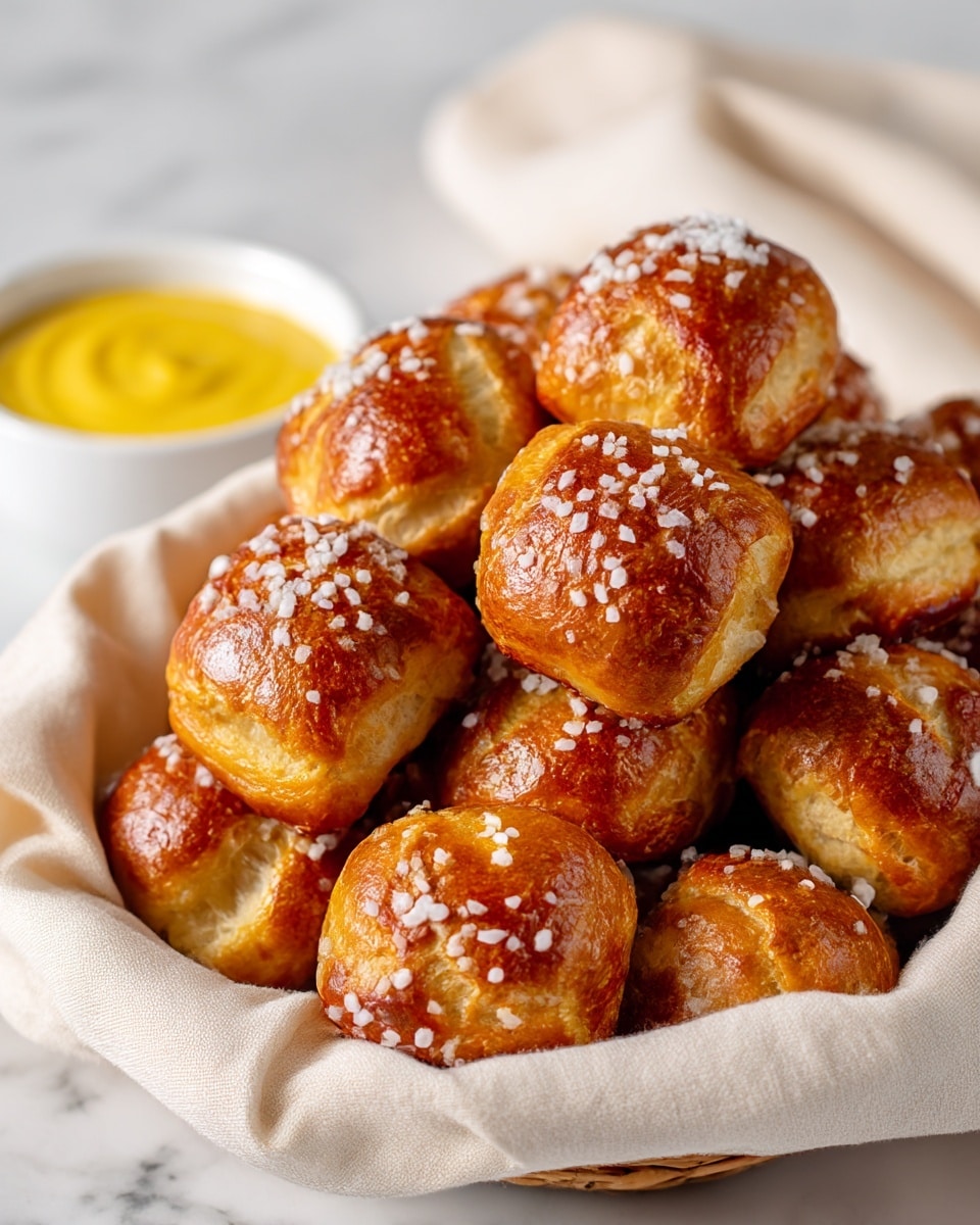 The image shows many small, golden brown pretzel bites stacked closely together on a white plate. Each bite is shiny, with a smooth and slightly rough top sprinkled with coarse salt. The pretzel bites have a toasted look with some darker edges. In the background, on the same white marbled surface, there is a small white bowl that holds a bright yellow mustard sauce. The photo is clear and bright, capturing the soft texture of the pretzels and the shine on their crusts, photo taken with an iphone --ar 4:5 --v 7
