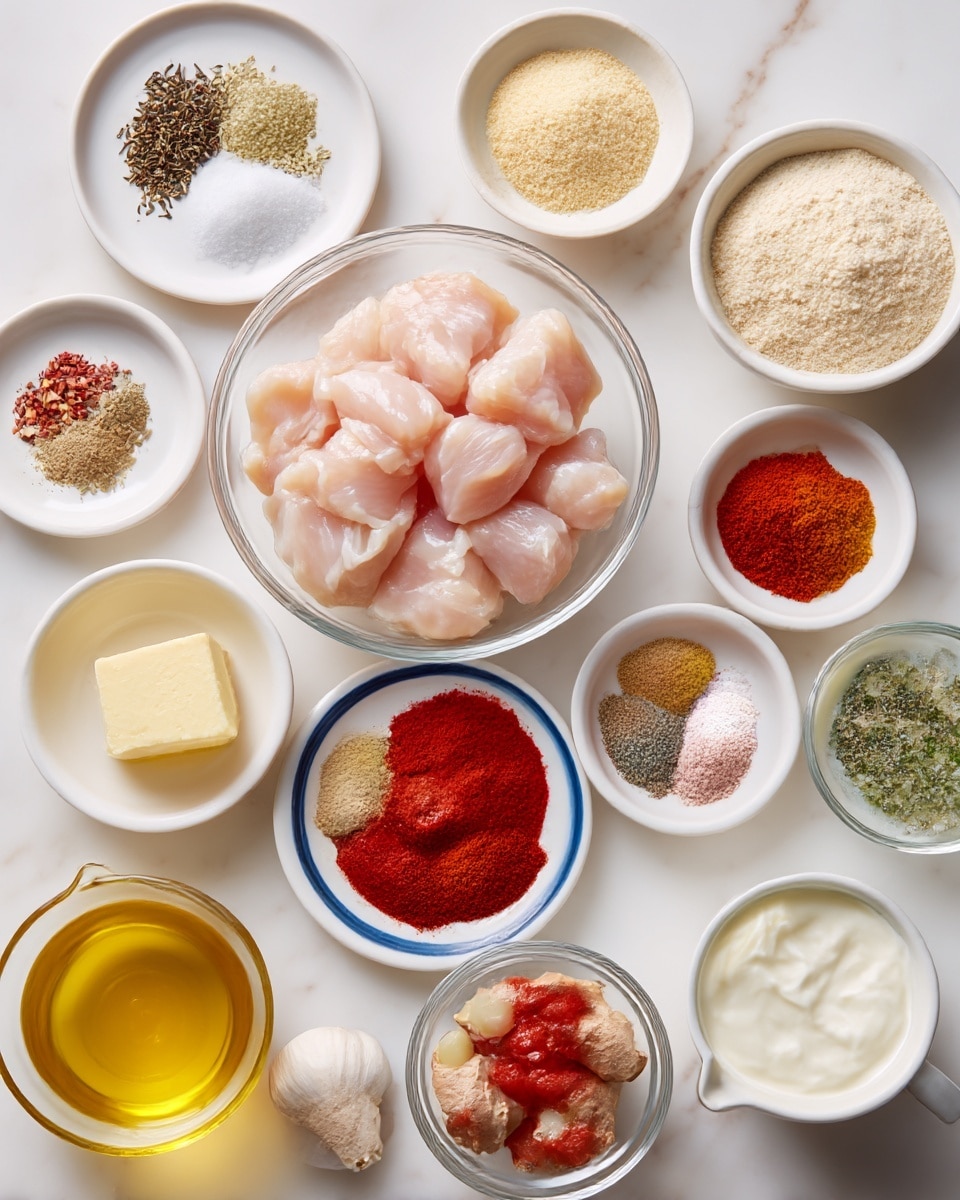 A white marbled surface holds eleven separate dishes showing ingredients for cooking. In the center, a clear glass bowl holds raw chicken pieces in pale pink color. Surrounding it, on the top left is a small white plate with dark dried fenugreek and white sugar. A small white bowl with light beige cashew powder is on the top right, next to a white bowl filled with white yogurt. Near the center bottom is a white plate with blue rings holding several ground spices of different colors: bright red chili flakes, light brown cumin, yellow turmeric, black pepper, and light pink salt. To the left is a small clear bowl with bright red kashmiri chili powder. Below that is a white bowl with light brown fresh ginger and garlic pieces. Next to that is a white bowl filled with bright red tomato purée. The bottom far left shows a clear glass container filled with golden oil. To the right of the tomato purée, on the bottom middle, is a white cup with pale yellow butter or ghee. Next to that is a small clear glass bowl filled with chopped green chilli. Near the right side, below yogurt, is a white bowl with white cream. The whole scene is bright and well lit. Photo taken with an iphone --ar 4:5 --v 7