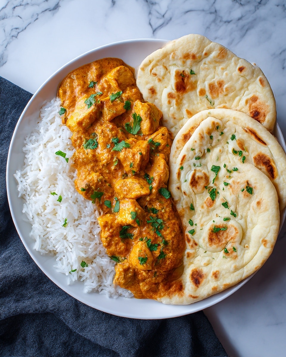 A round white plate holds three main layers: on the right is a portion of cooked white rice with long, separate grains, next to it on the right edge are two soft, folded naan breads with light brown spots, and covering most of the left side is a thick, orange creamy curry with chunks of tender chicken pieces, topped with scattered small green cilantro leaves. The plate is placed on a dark fabric, with a white marbled surface visible in the background. photo taken with an iphone --ar 4:5 --v 7