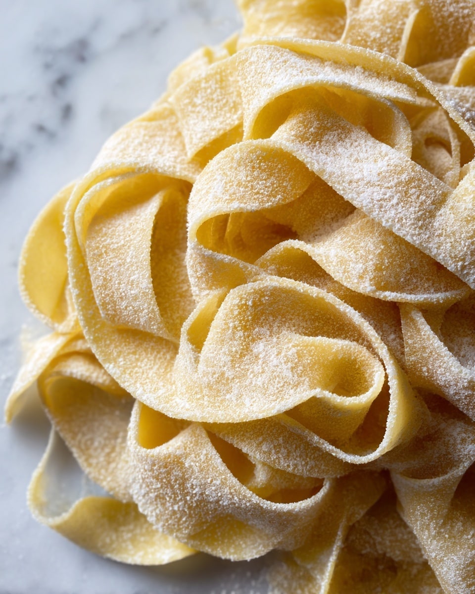 The image shows four nests of uncooked pasta ribbons piled in loose spirals, each with smooth, pale beige layers that fold softly over one another. The pasta is dusted lightly with white flour, adding a powdery texture to the edges and flat surfaces. The nests rest directly on a white marbled textured surface scattered with more patches of white flour. The soft natural light highlights the gentle curves and folds, creating subtle shadows and depth in the pasta layers. Photo taken with an iphone --ar 4:5 --v 7