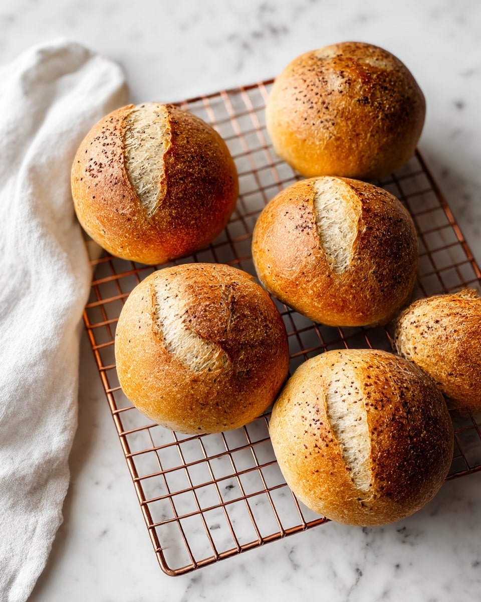 Four round bread rolls with a crunchy, brown crust and small black specks are placed closely together on a silver wire rack. Each roll has a visible cross cut on top creating slightly separated sections with a textured surface. The rack and rolls sit on a white marbled surface, and a spoon filled with mixed black, white, and red peppercorns appears in the bottom left corner. The photo is taken with an iphone --ar 4:5 --v 7