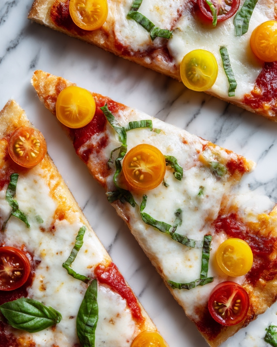 A close-up view of a sliced pizza with a light golden crust forming the bottom layer, topped with a thin spread of red tomato sauce. On top of the sauce are uneven patches of white melted cheese, creating soft, smooth textures. Fresh green basil strips are scattered across the slices, adding a touch of color, along with halved small tomatoes in yellow and red that sit atop the cheese layers. The pizza slices are placed on a surface with white marbled texture. photo taken with an iphone --ar 4:5 --v 7