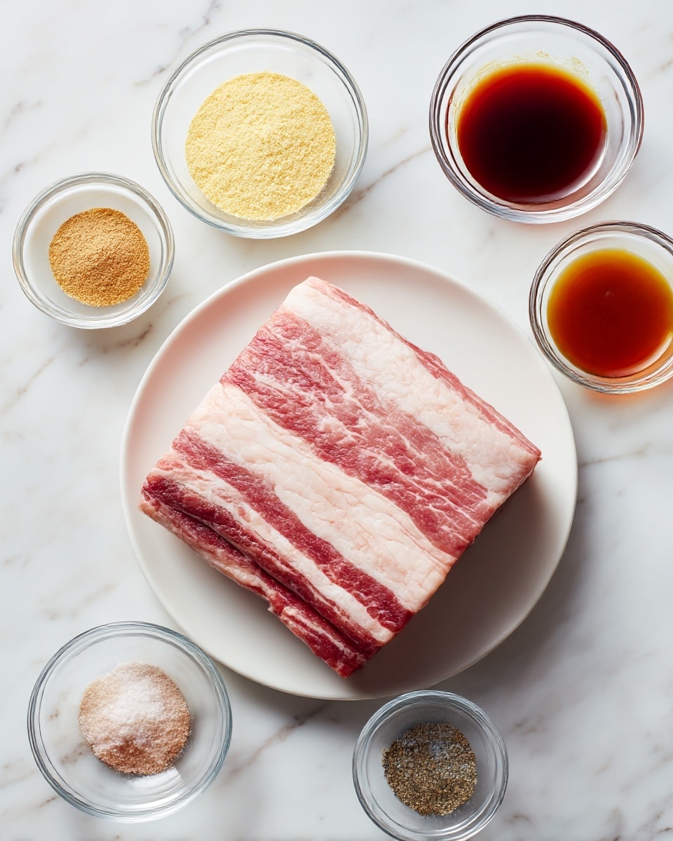 A large piece of raw beef brisket sits on a white plate, showing layers of pinkish-red meat and thick white fat. Around the plate are seven small clear glass bowls on a white marbled surface, each holding different ingredients: a pale yellow powder blend of dried mustard and garlic powder in a white bowl, a dark reddish-brown barbecue sauce, a amber Worcestershire sauce, light brown soft brown sugar, a mix of white salt and black pepper, and a dark brown liquid smoke. The ingredients are neatly arranged close to the beef brisket, all on the white marbled surface. Photo taken with an iphone --ar 4:5 --v 7