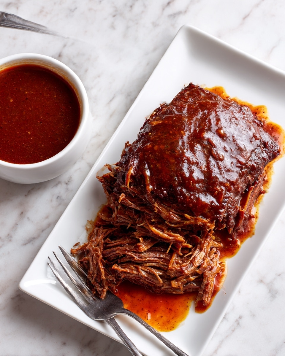 A white rectangular plate holds a large piece of dark brown, shredded meat covered with a shiny, rich, reddish-brown sauce that pools slightly around the meat’s base. The meat shows clear texture with strands separated but still closely packed. To the left of the plate is a small white bowl filled with the same thick, dark reddish sauce, with a spoon resting inside. A fork is placed on the plate with its tines inserted into the meat on the lower left side. The background features a white marbled surface. photo taken with an iphone --ar 4:5 --v 7