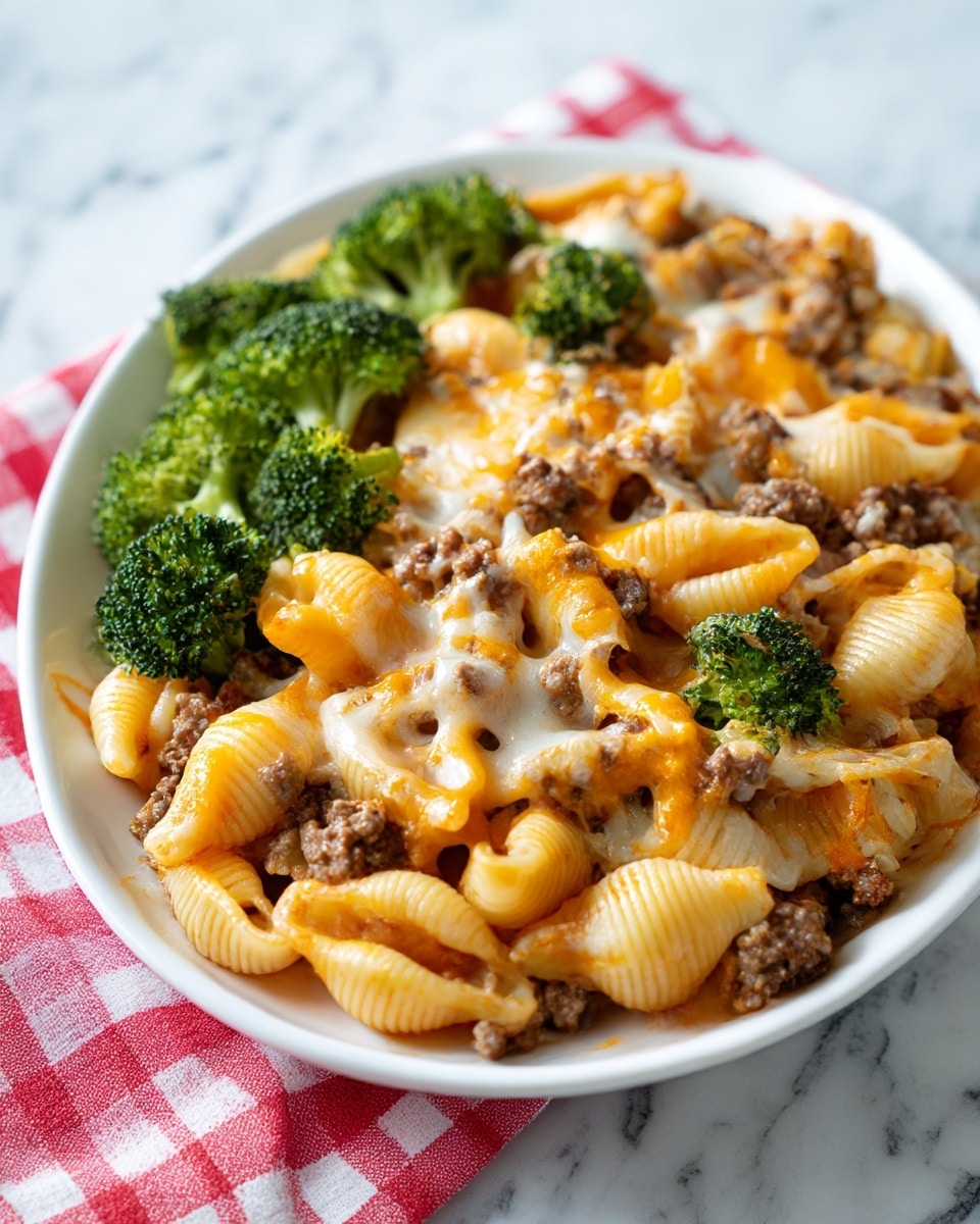 The dish shows a white plate filled with two layers; the front layer is a mix of shell-shaped pasta covered with melted orange and white cheese, mixed with bits of browned ground meat and some cooked onions, giving a textured look with slightly browned spots from baking. Behind the pasta is a layer of fresh bright green broccoli florets that add a contrasting color. The plate rests on a white marbled surface with a red and white checkered cloth subtly visible on the side. photo taken with an iphone --ar 4:5 --v 7