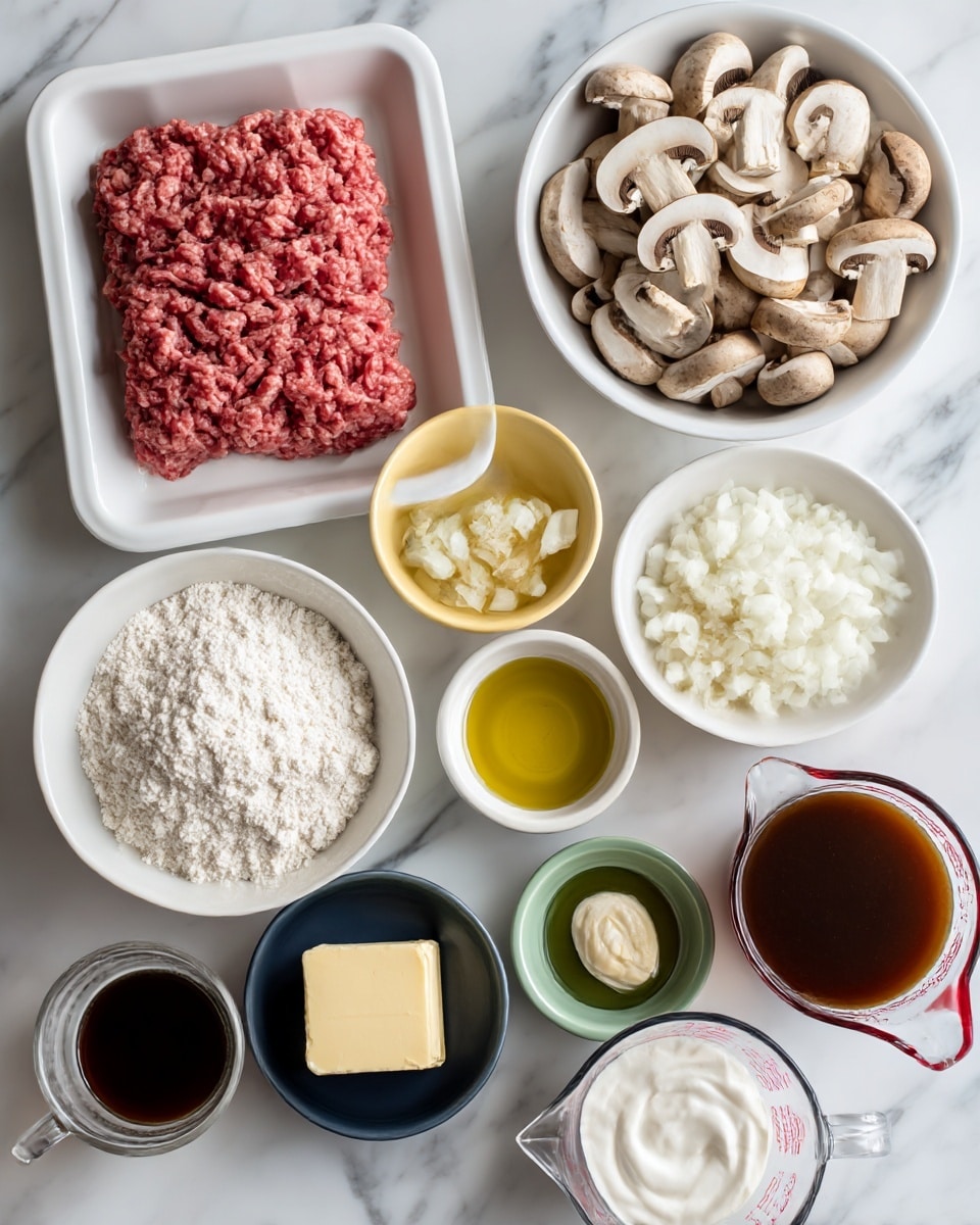 The image shows a white foam tray with raw pink ground beef in the top left corner, beside a white bowl filled with sliced brown and white mushrooms in the top right. Below the beef is a white bowl holding chopped white onions on the left side. In the center, a small yellow bowl contains minced garlic. To the right of the garlic is a small white bowl with light green olive oil, and below that is a small dark blue bowl with a dollop of pale yellow dijon mustard. A small reddish-brown bowl with a cube of butter and a green bowl filled with white flour sit below the onions and garlic. Near the bottom of the image are a white bowl of thick white sour cream and a clear measuring cup with dark brown beef broth. A small red bowl with dark Worcestershire sauce is near the beef broth on the left. All ingredients are arranged on a white marbled surface. Photo taken with an iphone --ar 4:5 --v 7