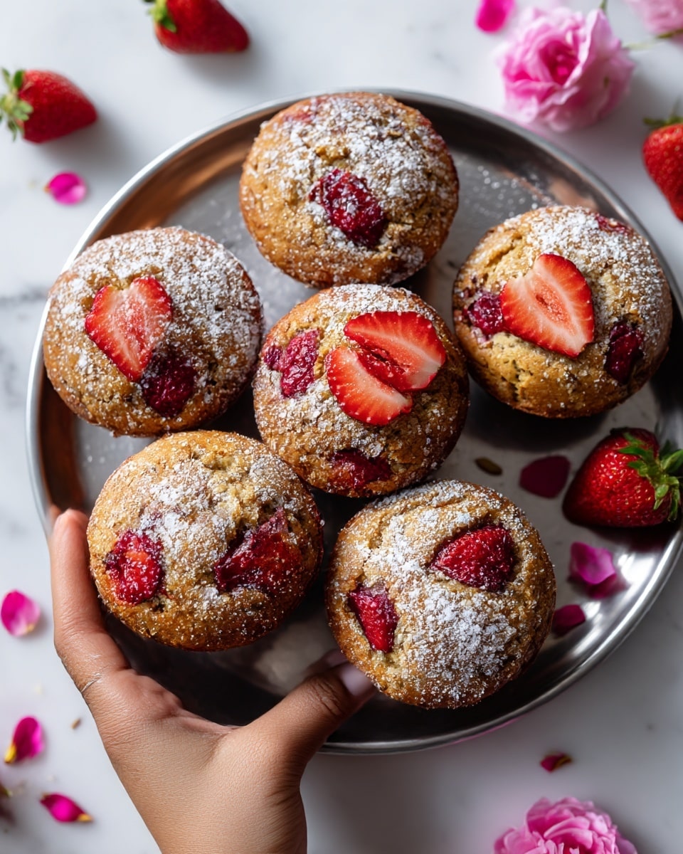 The image shows a close-up of several round muffins with a golden brown top, each topped with slices of fresh red strawberries embedded in the surface. The muffins have a rough texture with small cracks and a light dusting of powdered sugar on some of them. The muffins are arranged closely together on a shiny metal tray, placed on a white marbled surface. Around the tray, there are scattered whole strawberries and small pink flower petals adding a pop of color. A woman's hand gently holds one muffin at the edge of the tray. Photo taken with an iphone --ar 4:5 --v 7