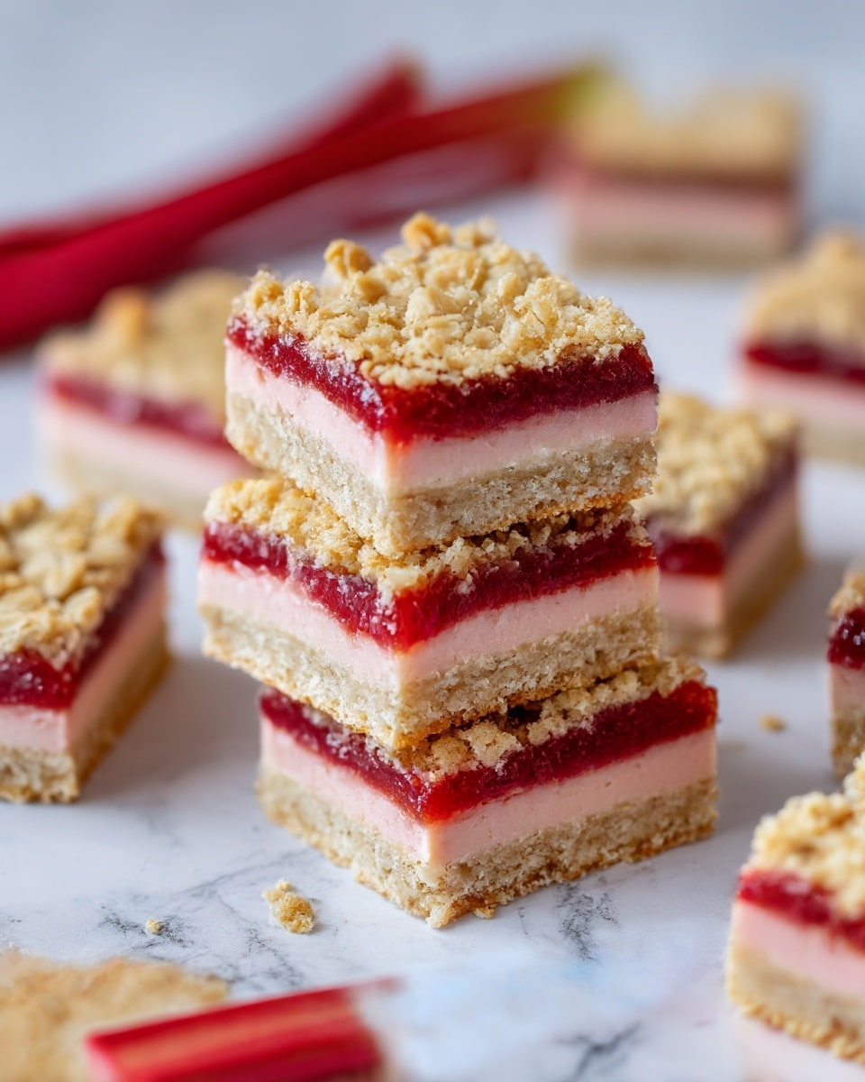 The image shows several square dessert bars stacked and spread on a white marbled surface. Each bar has three layers: the bottom layer is a light beige oatmeal crust with a rough texture, the middle layer is a smooth pale pink creamy filling, and the top layer is a bright red fruit jam covered with a crumbly oat topping in light golden brown. In the background, a few red rhubarb stalks lie on the white marbled surface. The photo taken with an iphone --ar 4:5 --v 7