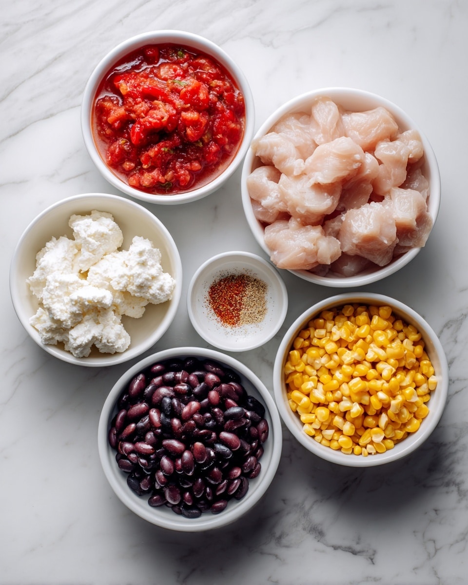 The image shows five white bowls placed on a white marbled surface, arranged in a loose circle with a small bowl of taco seasoning near the center. The top bowl contains raw chicken, pale pink and smooth. To the left, there is a bowl of bright red salsa with visible tomato pieces. Below that, a bowl holds shiny black beans with a wet texture. To the right of the beans, there is a bowl filled with bright yellow corn kernels. In front and slightly to the left of the taco seasoning, there is a bowl of soft, white cream cheese, roughly shaped and slightly crumbly. Photo taken with an iphone --ar 4:5 --v 7