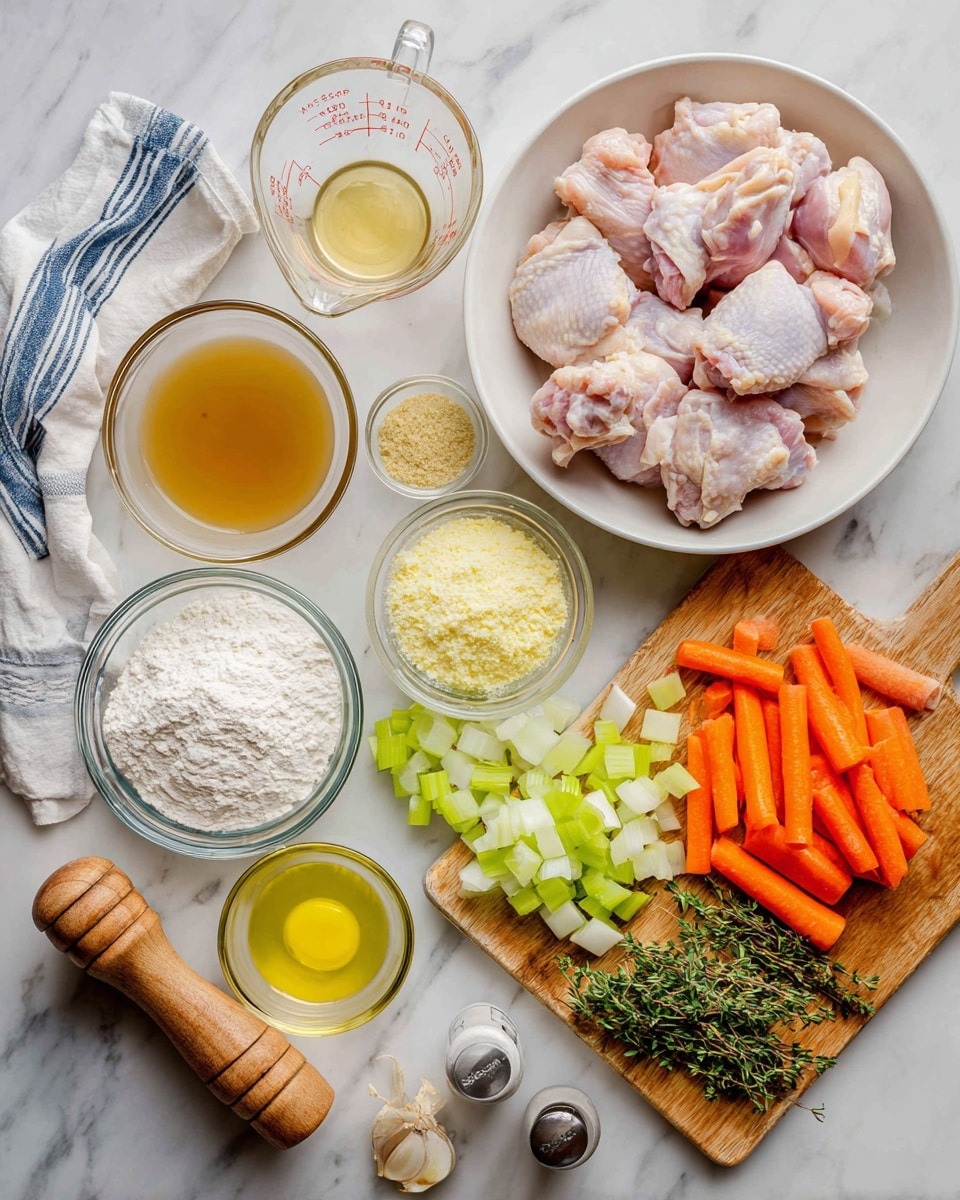 The image shows various cooking ingredients arranged neatly on a white marbled surface. In the top right, there is a white bowl filled with raw pink chicken thighs. To the left of the chicken, a clear glass measuring cup holds a light brown liquid labeled stock. Below the bowl are small clear glass bowls with pale yellow Dijon mustard, light white flour, and white cornstarch. A small white bowl holds a golden yellow olive oil. There is a clear glass bowl with thick white sour cream towards the bottom left. Chopped onion, celery, and orange carrots are neatly arranged on a wooden cutting board at the bottom right. Fresh green thyme sprigs sit next to the board. Near the center left, there is a small pile of finely minced light yellow garlic. A striped white and blue kitchen towel lies on the left side underneath a wooden spoon. Salt and pepper shakers are on the right side near wooden measuring spoons. A garlic press is placed near the bottom center. photo taken with an iphone --ar 4:5 --v 7