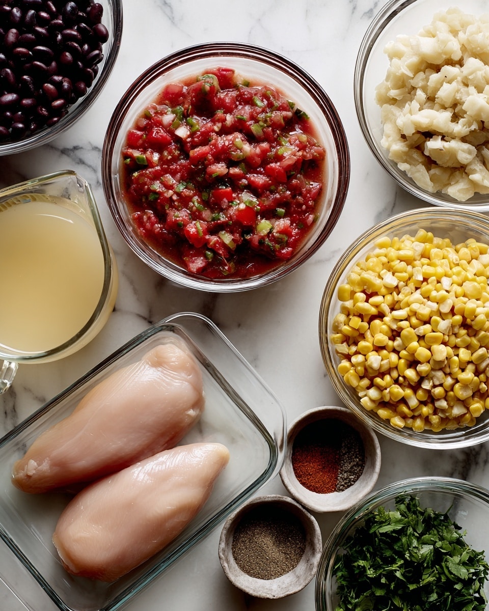 The image shows several clear glass bowls arranged on a white marbled surface, each holding different ingredients. In the center bottom, there is a rectangular glass container with two raw light pink chicken fillets. To the upper right, a larger round bowl is filled with chunky red salsa, featuring visible small pieces of tomato and green pepper. Just below the salsa, a small round bowl contains minced light beige garlic. To the upper left, a measuring cup holds a pale yellow broth. Below the broth, another round bowl is filled with dark black beans. To the bottom right, a round bowl is filled with bright yellow corn kernels. Near the corn, a small bowl holds brown spice powder, and below that is another bowl with fresh green herbs, roughly chopped. Finally, at top center, a very small bowl contains a half mix of salt and pepper. Photo taken with an iphone --ar 4:5 --v 7