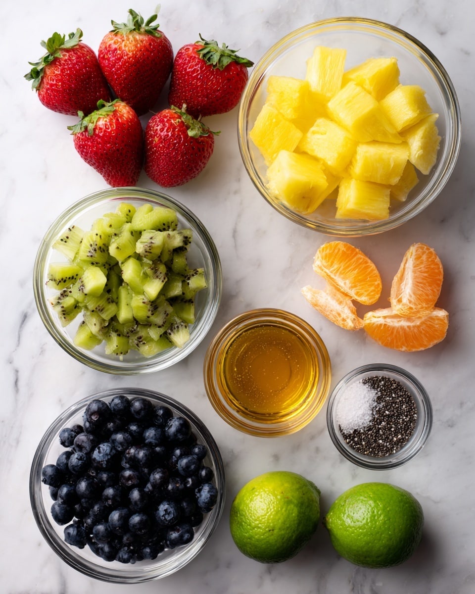 The image shows an arrangement of fresh fruit and other ingredients on a white marbled surface. At the top left, there are seven bright red strawberries with green tops. To the right, a clear glass bowl holds chunky yellow pineapple pieces. Below the pineapple, there is a peeled mandarin orange with segments spread out beside it. On the left middle, a clear glass bowl contains chopped green kiwi pieces with visible seeds. Below the kiwi, a pile of dark blue blueberries is placed directly on the surface. At the bottom right, a small clear glass bowl is filled with golden honey. Near the bottom left, small piles of black poppy seeds and white salt are placed close together. Finally, two whole green limes sit side by side near the bottom right corner. The colors are bright and fresh, with a clean presentation. photo taken with an iphone --ar 4:5 --v 7