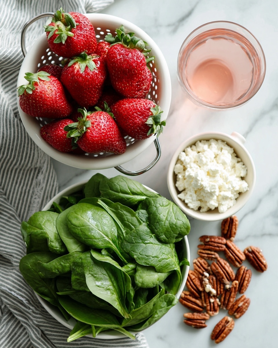 The image shows a white colander filled with bright red strawberries with green leaves on top, placed near the upper left side of the frame. Below it is a white bowl full of fresh green spinach leaves that look smooth and leafy. To the right side of the spinach bowl, there is a small white bowl filled with white cottage cheese. Around this small bowl, there are clusters of whole pecan nuts scattered on the white marbled surface. Above the small bowl and pecans, a clear glass is filled with a light pink liquid. The whole setup is on a white marbled surface with a gray and white striped cloth to the lower left edge. Photo taken with an iphone --ar 4:5 --v 7